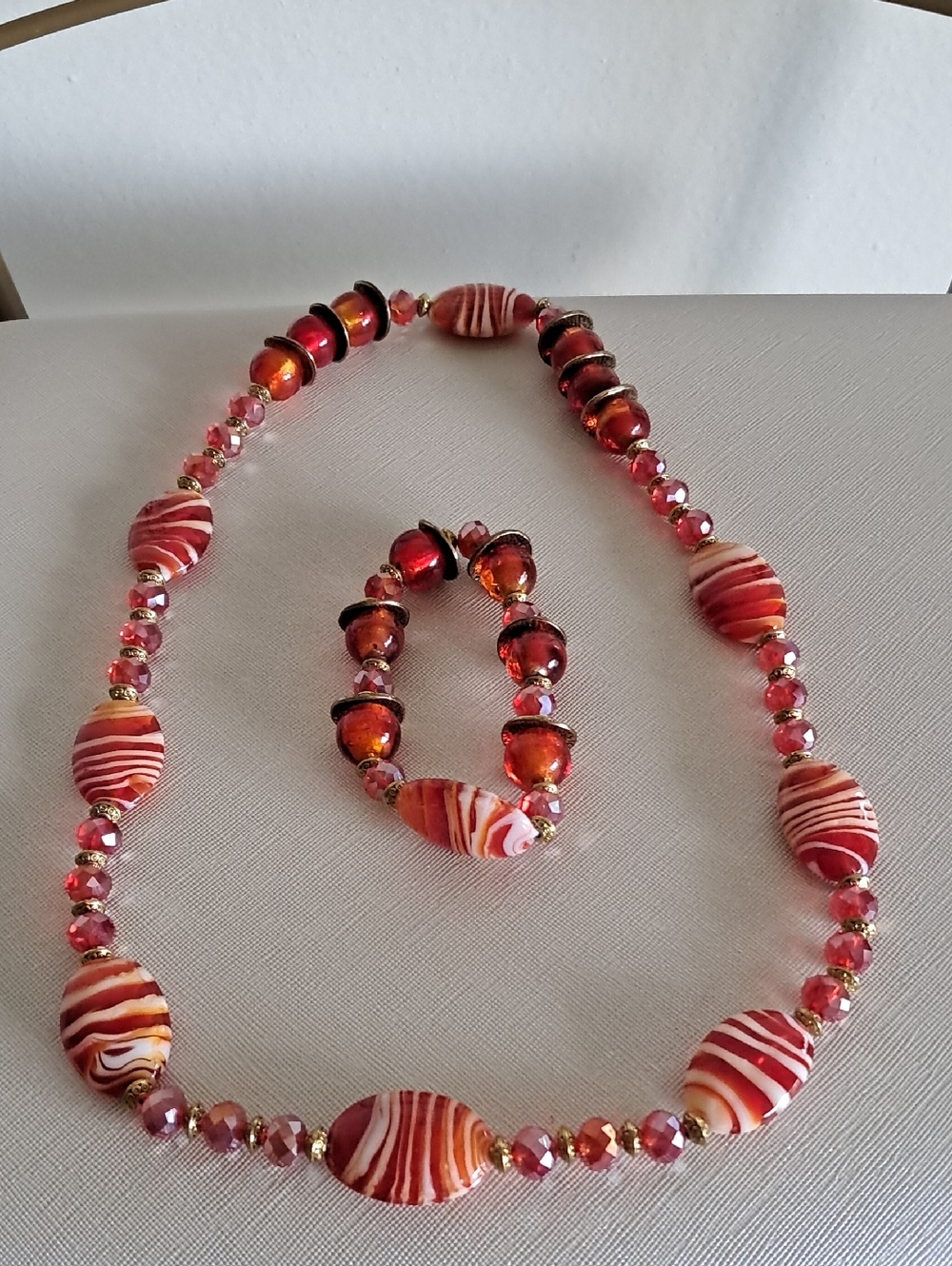Red Striped Glass Bead Necklace & Bracelet Set